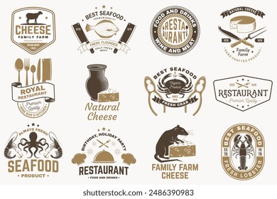 Set of cheese family farm, seafood and Restaurant retro badge. Vector. For seafood emblem, sign, patch, shirt, menu restaurants with cheese, tuna, trout, shrimp, octopus crab mussels and clams