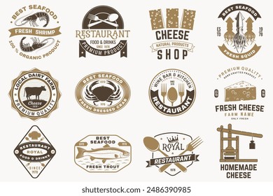 Set of cheese family farm, seafood and Restaurant retro badge. Vector. For seafood emblem, sign, menu restaurants with cheese, tuna, trout, shrimp, octopus crab mussels and clams