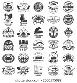 Set of cheese family farm, seafood and Restaurant retro badge. Vector. For seafood emblem, sign, patch, shirt, menu restaurants with cheese, tuna, trout, shrimp, octopus crab mussels and clams