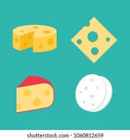 Set of cheese flat icons isolated on blue background. Collection of Simple different cheese sign symbols in flat style. Breakfast elements Vector illustration for web and mobile design.