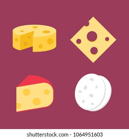 Set of cheese flat icons isolated on purple background. Collection of Simple different cheese sign symbols in flat style. Breakfast elements Vector illustration for web and mobile design.