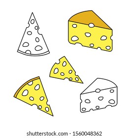 Set of cheese flat icons isolated on white background. Collection of Simple different pieces of cheese sign symbols in flat style. 