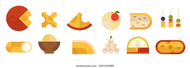 Set cheese in geometric flat style. Collection cartoon food delicious milk product. Bright vector illustration.