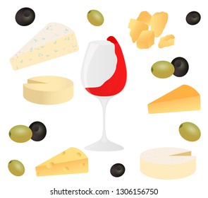 Set cheese, glass of wine and olive. Vector illustration for design menus, recipes and packages product.