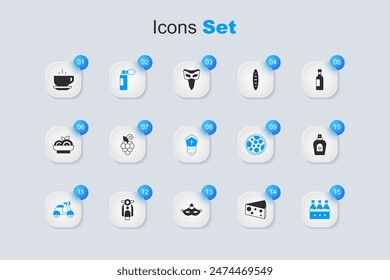 Set Cheese, Grape fruit, Perfume, Scooter, Bottles of wine, Coffee cup and Pope icon. Vector