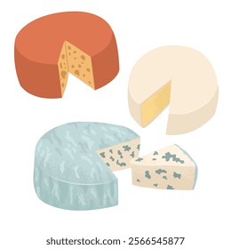 Set of cheese heads. Cheeses of all types and flavors. Tasty appetizer to the main course. Farming and cheese making. Vector illustration for a grocery store.