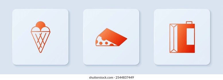 Set Cheese, Ice cream in waffle cone and Paper package for kefir. White square button. Vector