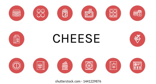 Set of cheese icons such as Cheeseburger, Burger bun, Burrito, Cheese, Burger, Cheburek, Pizza shop, Pizza, Cereals, Milk, Fish and chips , cheese