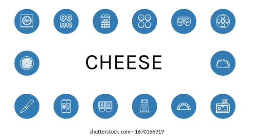 Set of cheese icons. Such as Pizza box, Cracknels, Cheese balls, Burger bun, Cheese, Cheesecake, Slice, Milk, Yogurt, Grater, Cheburek, Bean toasting, Taco , icons