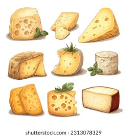 Set of cheese illustrations in a charming retro style, different types of cheese