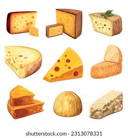 Set of cheese illustrations in a charming retro style, different types of cheese