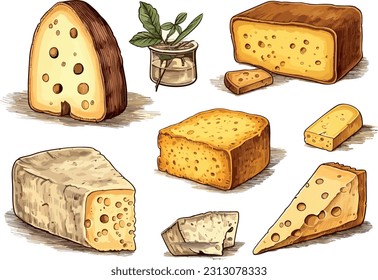 Set of cheese illustrations in a charming retro style, different types of cheese