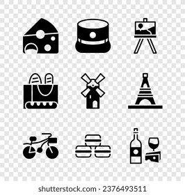 Set Cheese, Kepi, Easel or painting art boards, Bicycle, Macaron cookie, Wine bottle with cheese, French baguette bread and Windmill icon. Vector