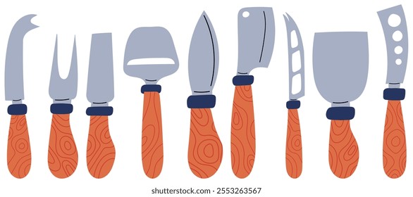 Set of cheese knives with various blade shapes, perfect for slicing and serving cheese. Сhisel. Сheese fork. Spreader. Parm knife. Cheese plane.