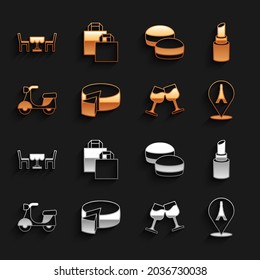 Set Cheese, Lipstick, Eiffel tower, Wine glass, Scooter, Macaron cookie, French cafe and Paper shopping bag icon. Vector
