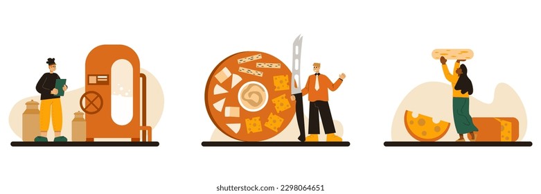 Set of cheese making process in factory. Chef standing near container and controlling Mozzarella making process. Woman holding round cheese. Man inviting to taste table with different sliced product