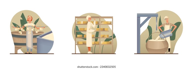 Conjunto de proceso de elaboración de queso en fábrica. Mujer en delantal sosteniendo un palo de metal con queso colgante. Trabajador comprobando la calidad del producto lácteo. Contenedor de hombre y leche vertida. Vector plano