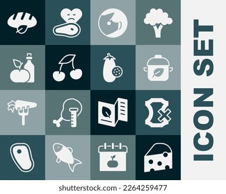 Set Cheese, No leather, Vegan food diet, Pig, Fresh berries, Apple cider vinegar in bottle, bread loaf and Eggplant icon. Vector