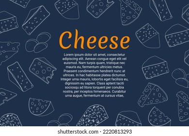 A set of cheese on a blue background.Camembert, Roquefort, maasdam, gouda, Dutch, mozzarella and feta.Background for flyers, banners and posters.Vector illustration.