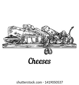 Set of cheese on a cutting board and grapes. Sketch. Engraving style. Vector illustration.