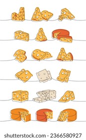 Set of cheese one line colored continuous drawing. Different types of cheese continuous one line illustration. Vector minimalist linear illustration.
