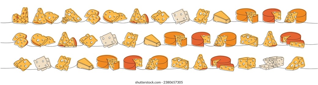 Set of cheese one line colored continuous drawing. Cheese products continuous one line illustration. Vector minimalist linear illustration