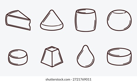 conjunto de contornos de queijo em várias formas e formas