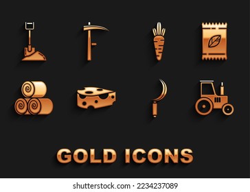 Set Cheese, A pack full of seeds of a specific plant, Tractor, Sickle, Roll hay, Carrot, Shovel in the ground and Scythe icon. Vector