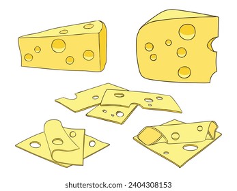 Set of Cheese Parts and Slices, Cartoon Vector Illustration on White Background