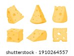 Set of cheese parts and slices isolated on a white background. Cheese flat icon. Vector Head of cheese in flat style isolated on white background