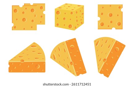 Set of cheese parts and slices isolated on a white background. Piece of cheese design vector illustration. Cheese Flat Icon. Pixel Perfect. For Mobile and Web.