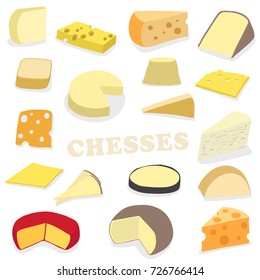 Set of cheese parts and slices isolated on a white background. Cheese flat icon. Vector of cheese in flat style isolated on white background.