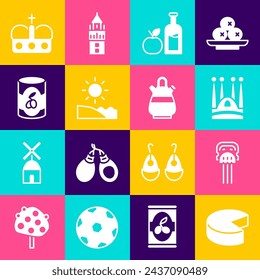 Set Cheese, Peineta, Sagrada Familia, Apple cider bottle, Beach, Olives can, Crown of spain and Sangria pitcher icon. Vector