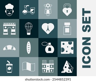 Conjunto de queso, perfume, scooter, globo de aire caliente, arco de triunfo, cocinero y torre Eiffel con icono de corazón. Vector