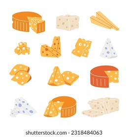 Set aus Käsestücken und -scheiben. Stücke Käse mit inneren Löchern. Cheddar, Camembert, Ziegelstein, Maasdam, Brie, Roquefort, Gouda, Feta und Parmesan.