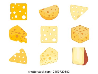 Set of cheese pieces and slices isolated on a white background. Flat cheese icon. Vector illustration of cheese in flat style isolated on a white background.
