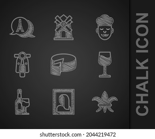 Set Cheese, Portrait picture in museum, Fleur De Lys, Wine glass, bottle with, Scooter, Cook and Eiffel tower icon. Vector