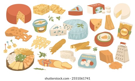 Conjunto de productos de queso. Quesos de todo tipo y sabor. Delicioso aperitivo al plato principal. Degustación de productos lácteos agrios. Ilustración vectorial para una tienda de comestibles.