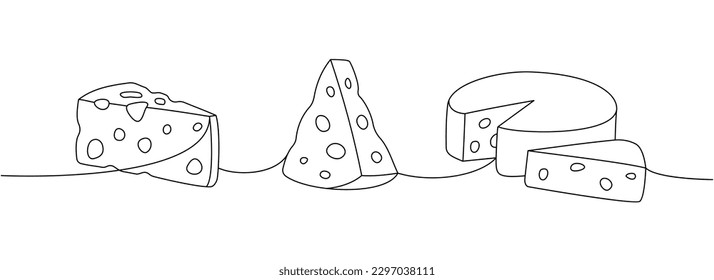 Set of cheese products one line continuous drawing. Different types of cheese continuous one line illustration. Vector minimalist linear illustration.