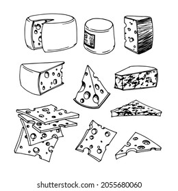 a set of cheese slices, menu decoration, vector illustration with contour lines in black ink isolated on a white background in the style of a doodle and hand drawn