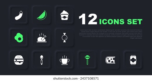 Set Cheese, Soda can, Roasted turkey or chicken, Lollipop, Scrambled egg, Spoon, Watermelon and Bowl of hot soup icon. Vector