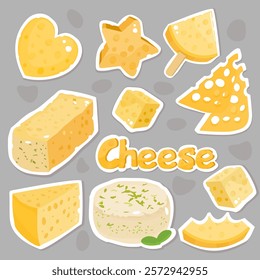 Set of cheese stickers. Cartoon sliced ​​cheese. Cheese: triangle, heart, cube, star, cheese on a stick. Set of vector cheeses, illustrations on white