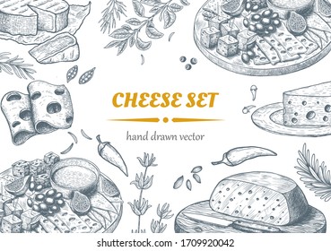 Set aus Käse-Draufsicht. Vektorillustration. Gravierte Abbildung.
