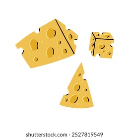 Definir Triângulo de Queijo, Fatia e Cubo. Ilustração do vetor de comida na mão desenhada no fundo branco
