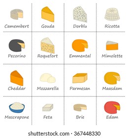 Set of cheese type icons in cartoon hand drawn style