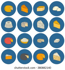 Set of cheese type icons in cartoon hand drawn style. National ethnic europe cuisine concept. Milk production. Italian and french daily products. Milk intolerance prohibited food