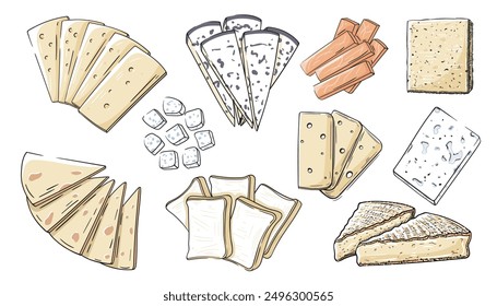 Conjunto de tipos de queso aislados sobre fondo blanco. Iconos de queso en estilo de dibujos animados. Ilustración vectorial