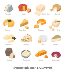 Set of cheese types and names, isolated dairy products. Valencay and gouda, filetta and colby jack, mozzarella and pecorino for eating or cooking. Mascarpone and roquefort, maasdam and brie, vector