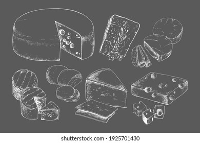 Set of Cheese types on chalkboard. Dairy products. Vintage style design. Template for postcard, banner, poster, web design, menu. Hand Drawn vector illustration.
