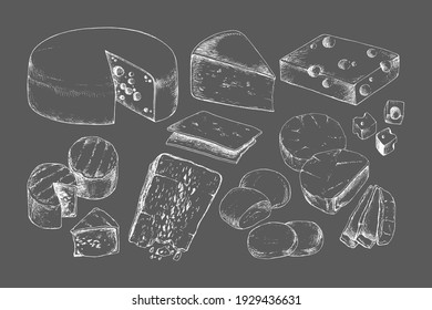Set of Cheese types on chalkboard. Dairy products. Vintage style design. Template for postcard, banner, poster, web design, menu. Hand Drawn vector illustration.